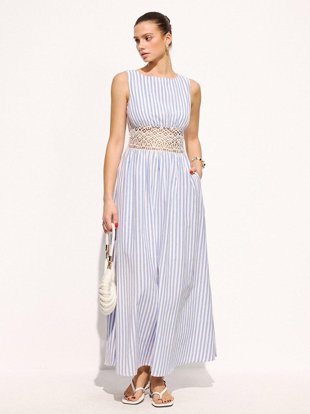 Commense Blue  & White Striped Maxi Dress with Crochet Waist Small NWT